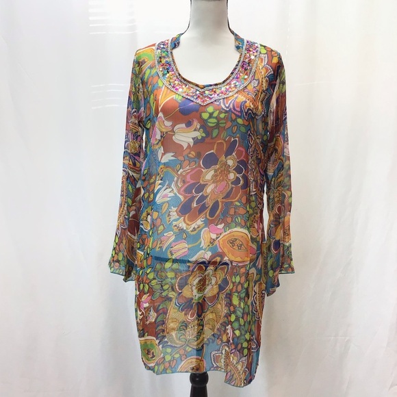 Sunflower Floral Sequin Neckline Long Sleeve Sheer Swimsuit Cover Up Size Small - Picture 6 of 9